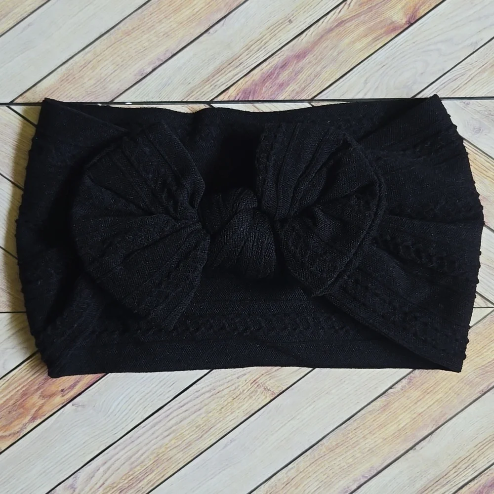 Boho Bowknot Black Headband Cable Knit Baby Girl Nylon Kids Bow Hair Band